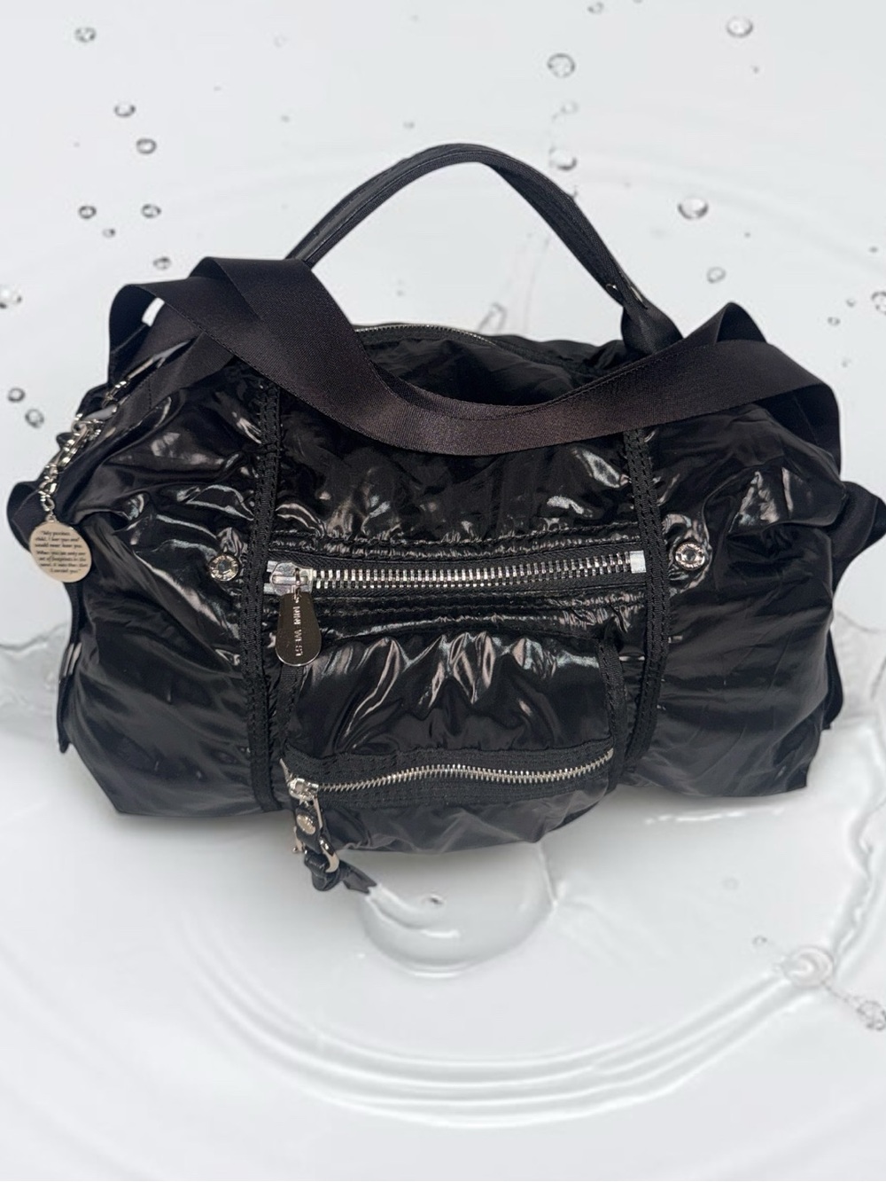 Nine West Black Shiny Quilted Nylon Satchel
